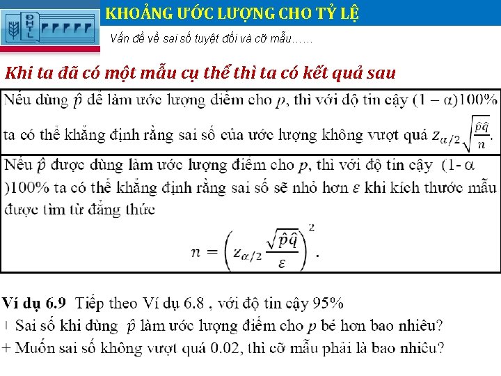 KHOẢNG ƯỚC LƯỢNG CHO TỶ LỆ. Vấn đề về sai số tuyệt đối và