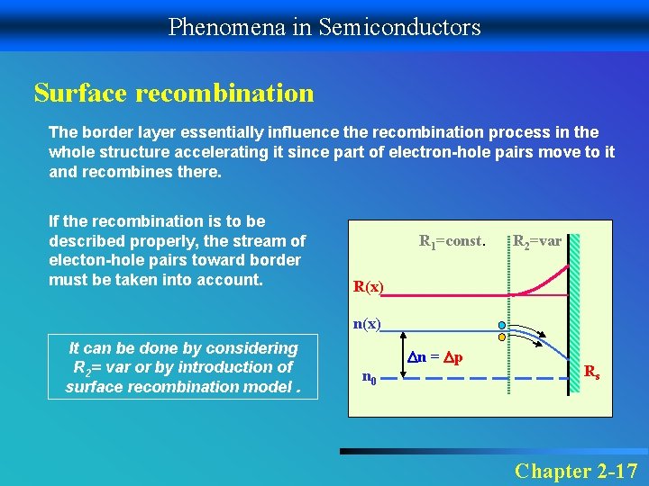 Phenomena in Semiconductors Surface recombination The border layer essentially influence the recombination process in