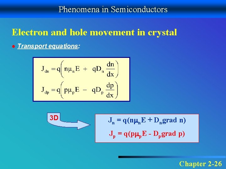 Phenomena in Semiconductors Electron and hole movement in crystal ● Transport equations: 3 D