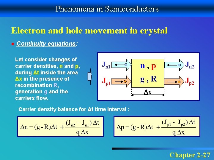 Phenomena in Semiconductors Electron and hole movement in crystal ● Continuity equations: Let consider