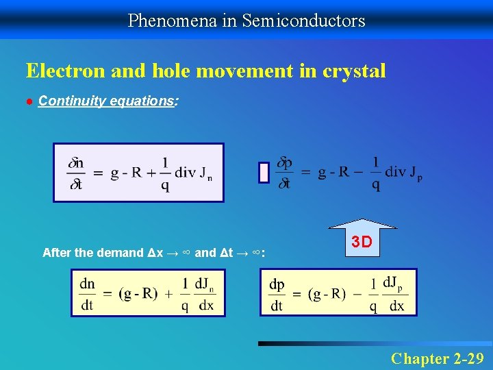 Phenomena in Semiconductors Electron and hole movement in crystal ● Continuity equations: After the