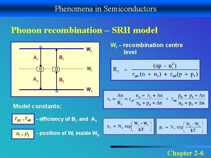 Phenomena in Semiconductors Phonon recombination – SRH model Wc A 1 B 1 Wt
