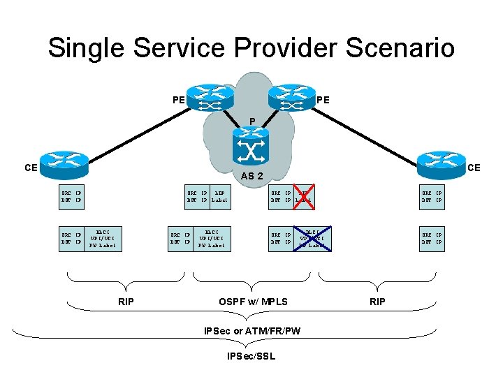 Single Service Provider Scenario PE PE P CE CE AS 2 SRC IP DST