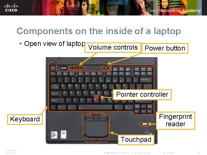 Components on the inside of a laptop § Open view of laptop Volume controls
