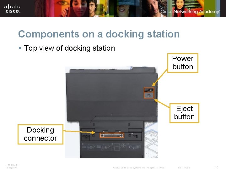 Components on a docking station § Top view of docking station Power button Eject