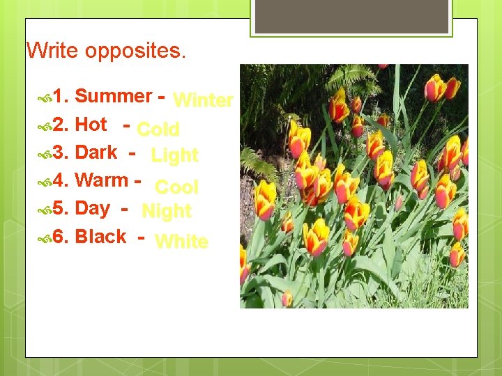 Write opposites. 1. Summer - Winter 2. Hot - Cold 3. Dark - Light Write opposites. 1. Summer - Winter 2. Hot - Cold 3. Dark - Light