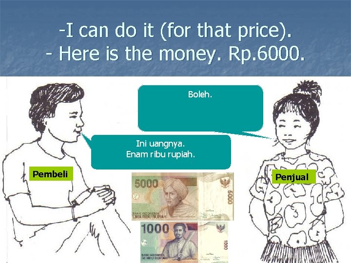 -I can do it (for that price). - Here is the money. Rp. 6000.