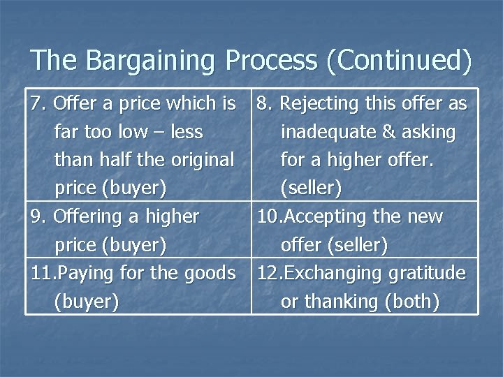 The Bargaining Process (Continued) 7. Offer a price which is far too low –