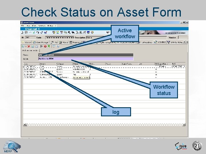 Check Status on Asset Form Active workflow Workflow status log MERP 