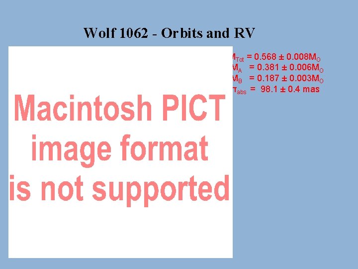 Wolf 1062 - Orbits and RV MTot = 0. 568 ± 0. 008 MO
