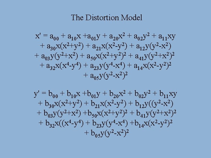 The Distortion Model x' = a 00 + a 10 x +a 01 y