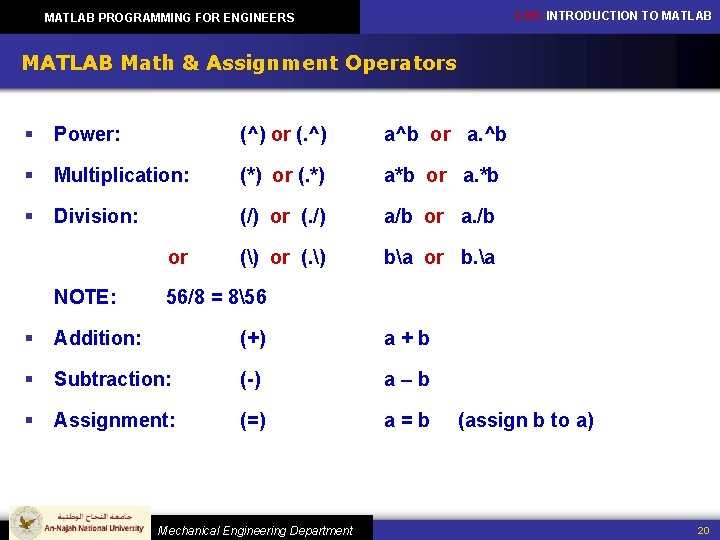 CH 1: INTRODUCTION TO MATLAB PROGRAMMING FOR ENGINEERS MATLAB Math & Assignment Operators §