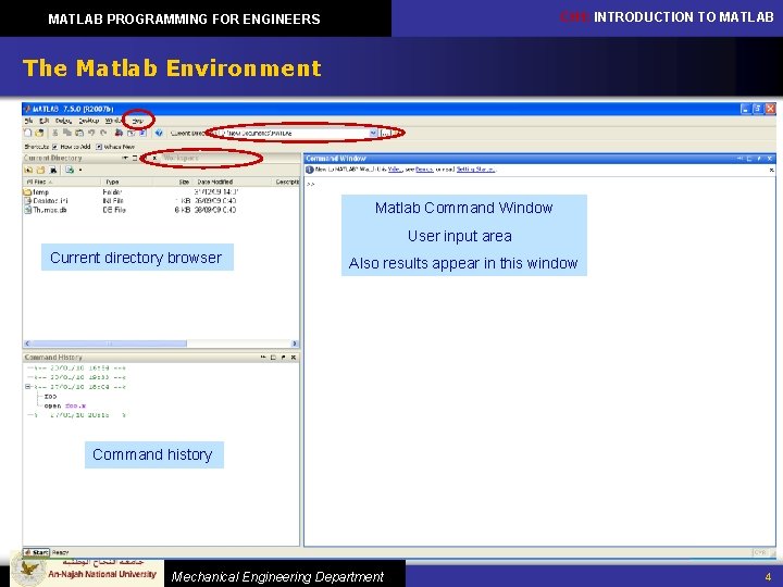 CH 1: INTRODUCTION TO MATLAB PROGRAMMING FOR ENGINEERS The Matlab Environment Matlab Command Window
