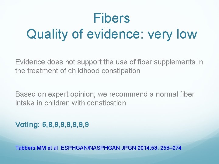 Fibers Quality of evidence: very low Evidence does not support the use of fiber