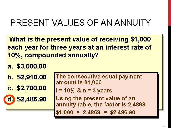 PRESENT VALUES OF AN ANNUITY What is the present value of receiving $1, 000