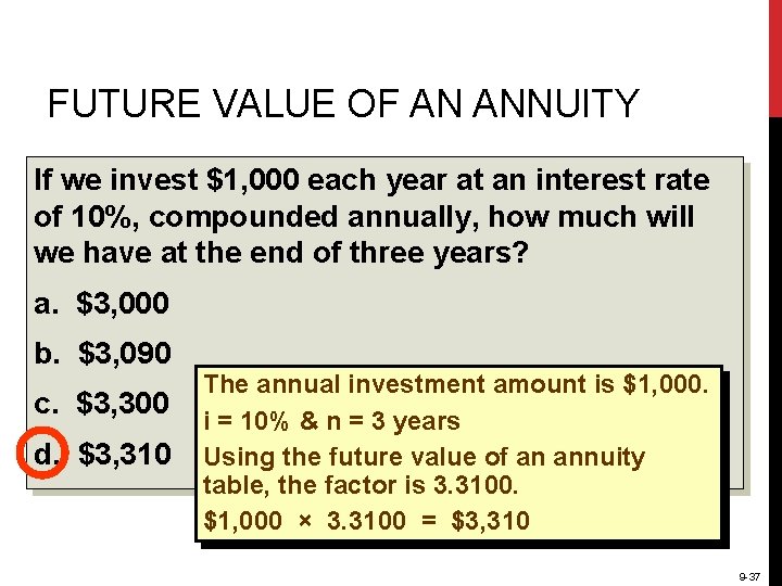 FUTURE VALUE OF AN ANNUITY If we invest $1, 000 each year at an