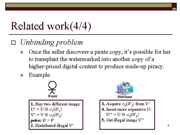 Related work(4/4) o Unbinding problem n n Once the seller discovers a pirate copy,