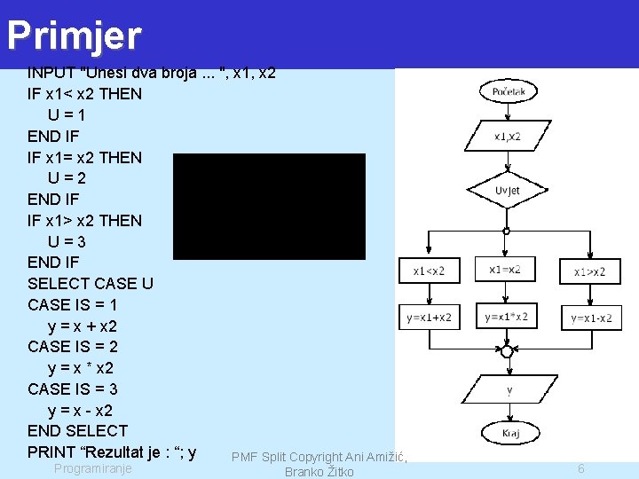Primjer INPUT "Unesi dva broja. . . ", x 1, x 2 IF x