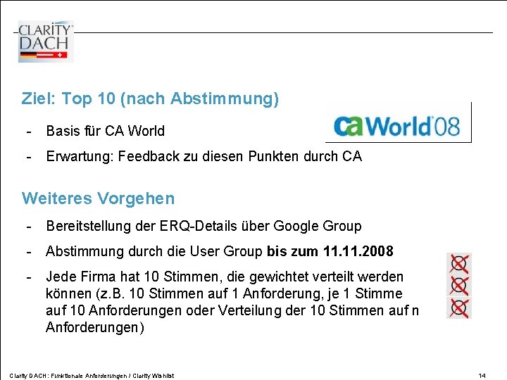 Ziel: Top 10 (nach Abstimmung) - Basis für CA World - Erwartung: Feedback zu