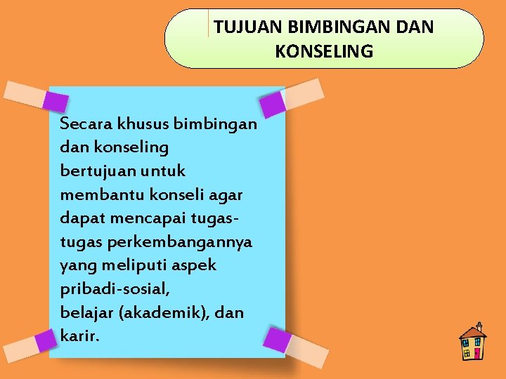 TUJUAN BIMBINGAN DAN KONSELING Secara khusus bimbingan dan konseling bertujuan untuk membantu konseli agar