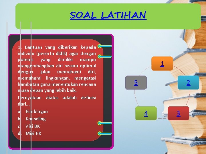 SOAL LATIHAN 1. Bantuan yang diberikan kepada individu (peserta didik) agar dengan potensi yang