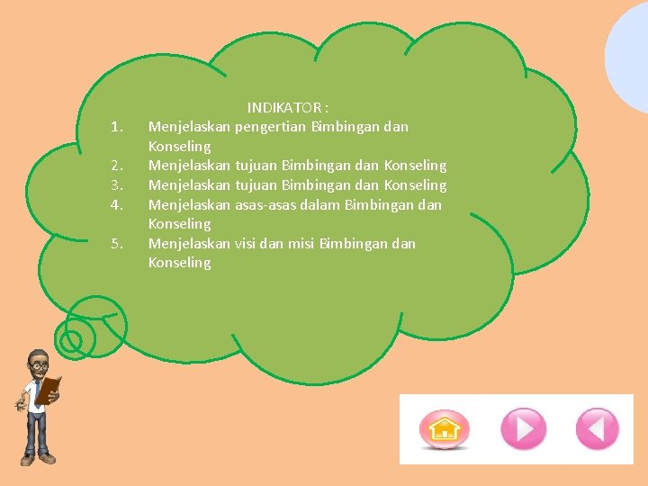 1. 2. 3. 4. 5. INDIKATOR : Menjelaskan pengertian Bimbingan dan Konseling Menjelaskan tujuan