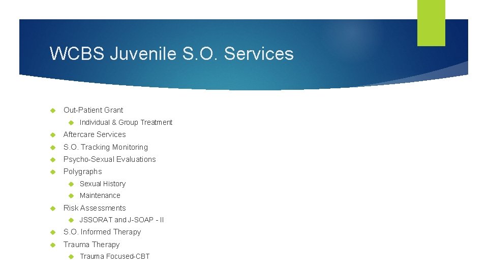 WCBS Juvenile S. O. Services Out-Patient Grant Individual & Group Treatment Aftercare Services S.