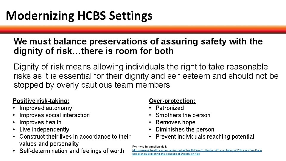 Modernizing HCBS Settings We must balance preservations of assuring safety with the dignity of