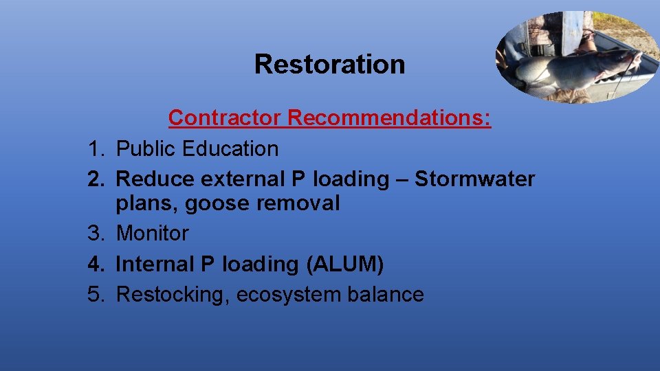 Restoration 1. 2. 3. 4. 5. Contractor Recommendations: Public Education Reduce external P loading