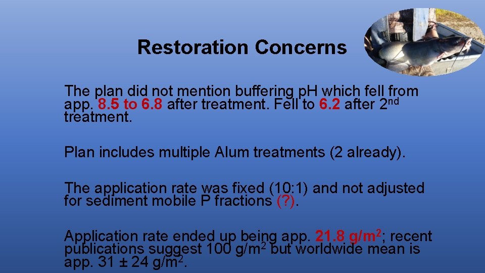 Restoration Concerns The plan did not mention buffering p. H which fell from app.