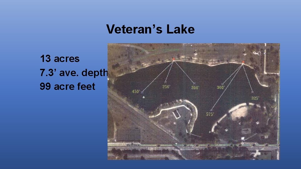 Veteran’s Lake 13 acres 7. 3’ ave. depth 99 acre feet 
