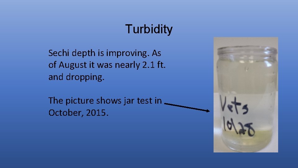 Turbidity Sechi depth is improving. As of August it was nearly 2. 1 ft.