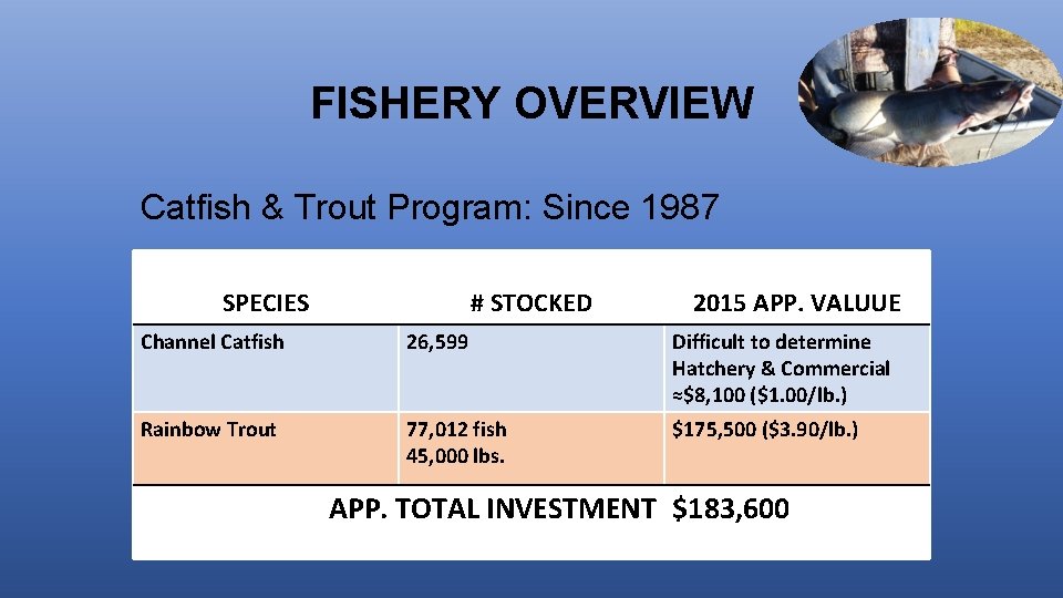 FISHERY OVERVIEW Catfish & Trout Program: Since 1987 SPECIES # STOCKED 2015 APP. VALUUE
