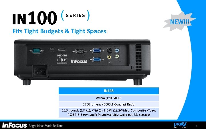 Fits Tight Budgets & Tight Spaces IN 146 WXGA (1280 x 800) 2700 lumens