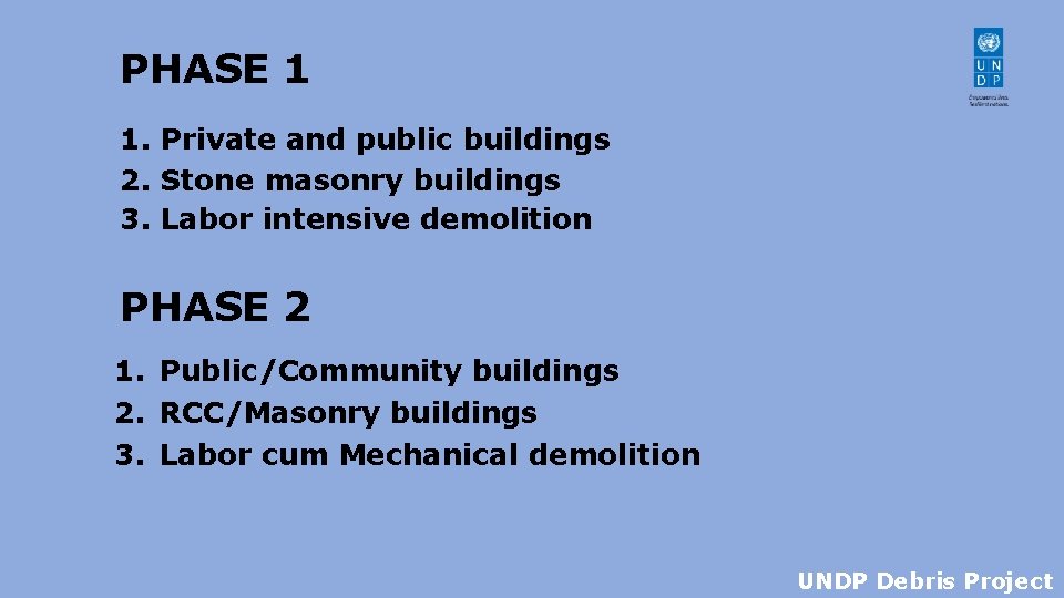 PHASE 1 1. Private and public buildings 2. Stone masonry buildings 3. Labor intensive
