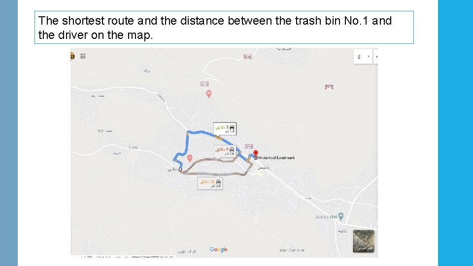 The shortest route and the distance between the trash bin No. 1 and the The shortest route and the distance between the trash bin No. 1 and the