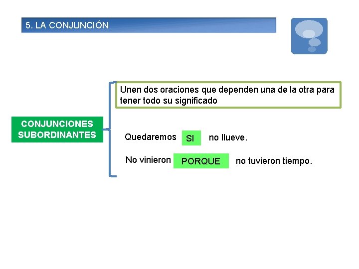 5. LA CONJUNCIÓN Unen dos oraciones que dependen una de la otra para tener