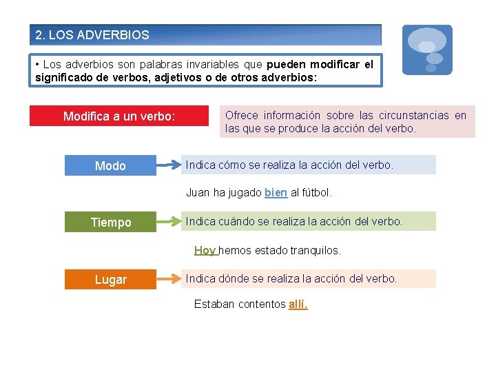 2. LOS ADVERBIOS • Los adverbios son palabras invariables que pueden modificar el significado