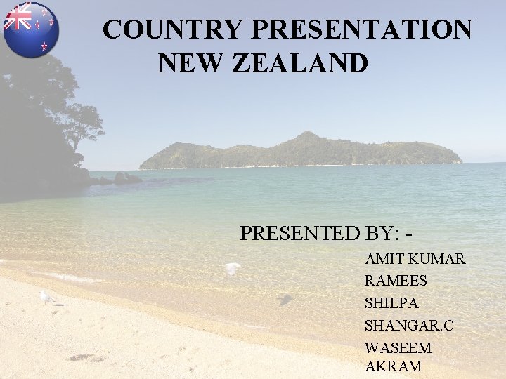 COUNTRY PRESENTATION NEW ZEALAND PRESENTED BY: AMIT KUMAR RAMEES SHILPA SHANGAR. C WASEEM AKRAM