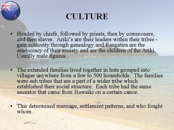 CULTURE • Headed by chiefs, followed by priests, then by commoners, and then slaves.