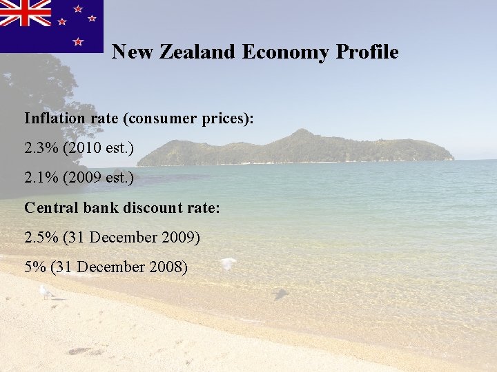 New Zealand Economy Profile Inflation rate (consumer prices): 2. 3% (2010 est. ) 2.