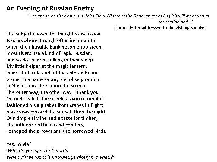 An Evening of Russian Poetry '…seems to be the best train. Miss Ethel Winter