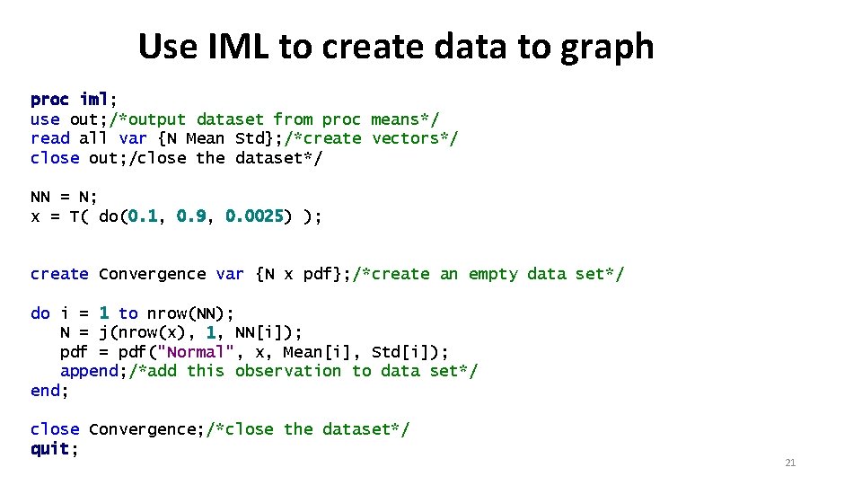 Use IML to create data to graph proc iml; use out; /*output dataset from