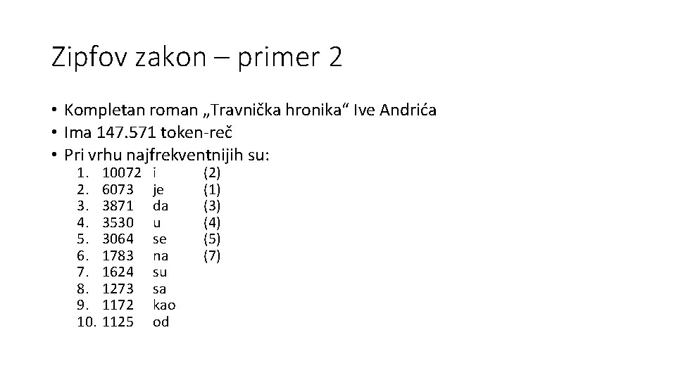 Zipfov zakon – primer 2 • Kompletan roman „Travnička hronika“ Ive Andrića • Ima
