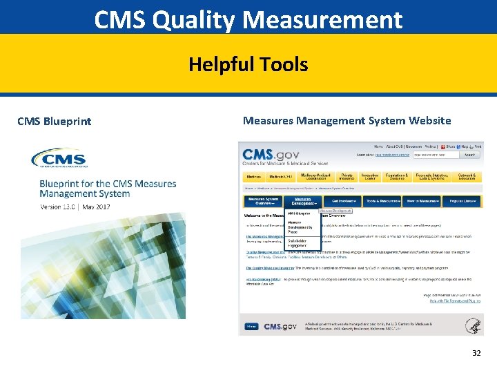 CMS Quality Measurement Helpful Tools CMS Blueprint Measures Management System Website 32 
