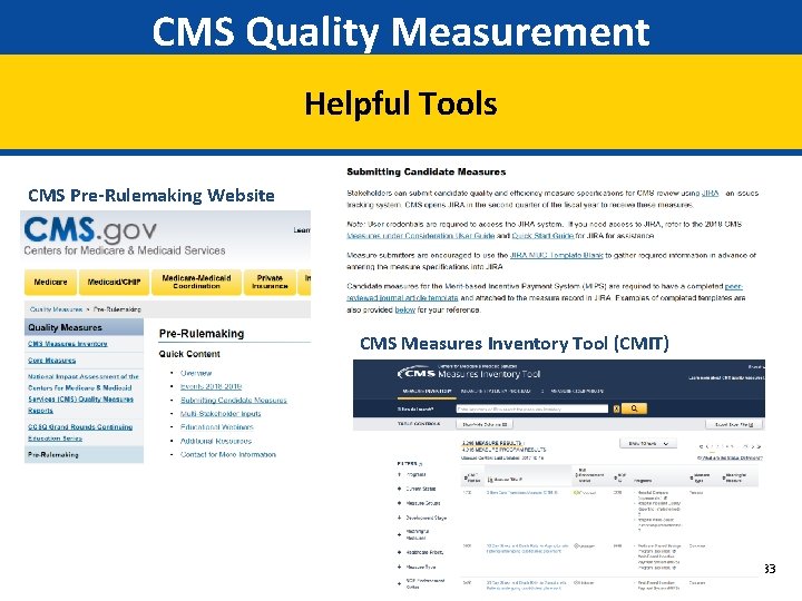 CMS Quality Measurement Helpful Tools CMS Pre-Rulemaking Website CMS Measures Inventory Tool (CMIT) 33