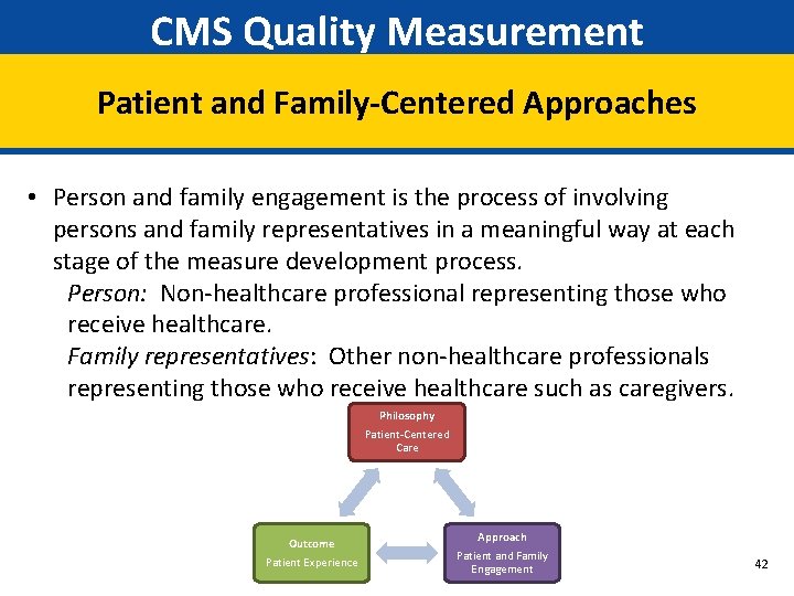 CMS Quality Measurement Patient and Family-Centered Approaches • Person and family engagement is the