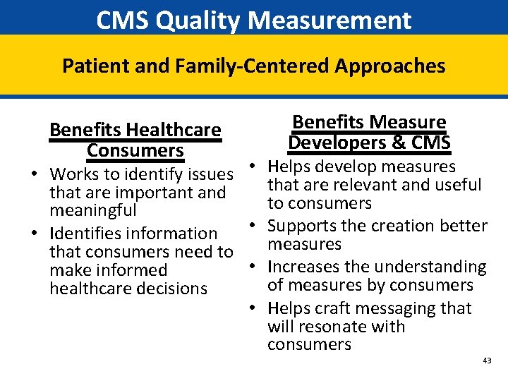 CMS Quality Measurement Patient and Family-Centered Approaches Benefits Healthcare Consumers Benefits Measure Developers &