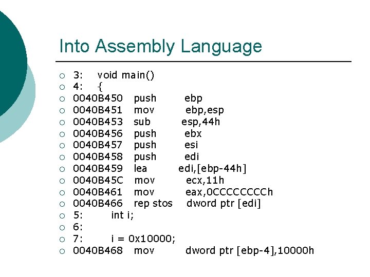 Into Assembly Language ¡ ¡ ¡ ¡ 3: void main() 4: { 0040 B