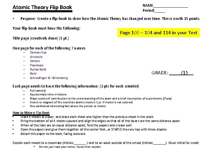 NAME_________ Period: _____ Atomic Theory Flip Book • Purpose: Create a flip-book to show